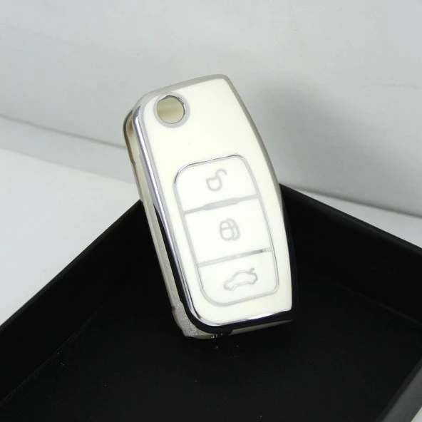 Ford Focus Fiesta Connect 2004+ Sustalı Beyaz-Gümüş Oto Anahtar Kumanda Kabı Kılıfı Oto Anahtarlık - 5
