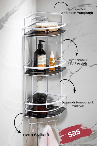 Yapışkanlı Ömür Boyu Paslanmaz Kristal Ayarlanabilir Raf Banyo Düzenleyici Şampuanlık LK-03 BSBK - Resim 2