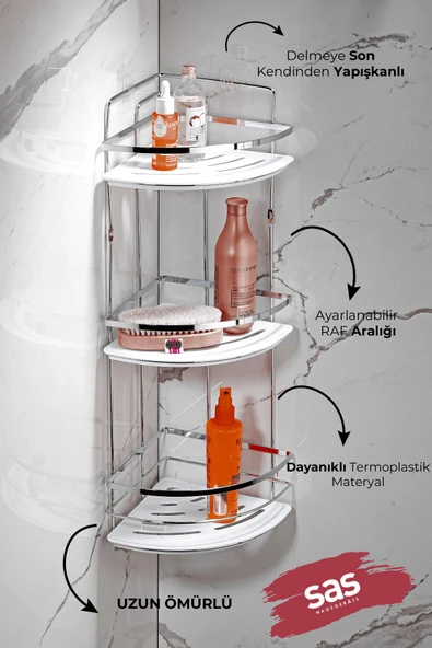 Yapışkanlı Ömür Boyu Paslanmaz Kristal Ayarlanabilir Raf Banyo Düzenleyici Şampuanlık LK-03 KB - Resim 2