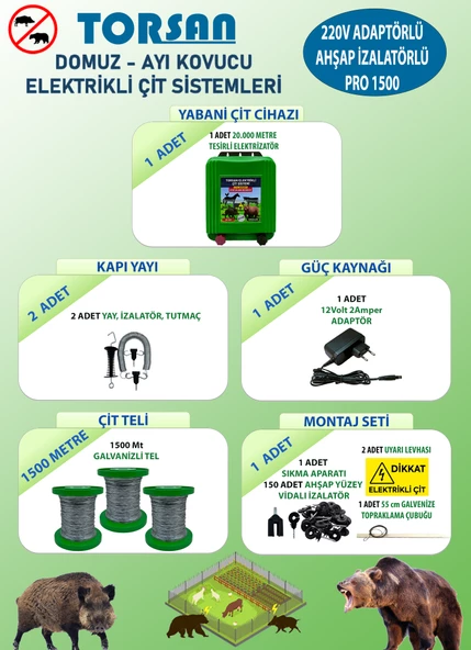 TORSAN 220V ADAPTÖRLÜ PRO 1500 Elektrikli Çit Sistemi ( Domuz - Ayı Kovucu ) 1500MT