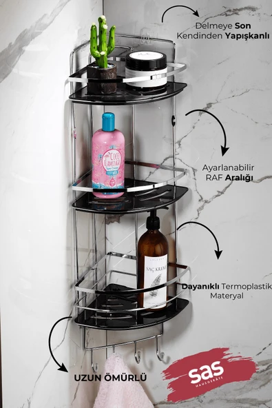 Yapışkanlı Ömür Boyu Paslanmaz Kristal Ayarlanabilir Raf Banyo Düzenleyici Şampuanlık LK-03 KSKK - Resim 2