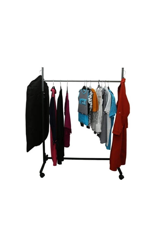 Paslanmaz Tekerlekli, Siyah Metal, Konfeksiyon Elbise Kıyafet Askılık Portatif Eşek Vitrin
