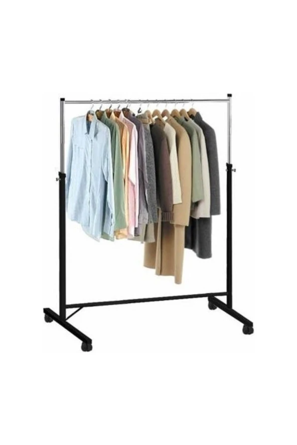 Paslanmaz Tekerlekli, Siyah Metal, Konfeksiyon Elbise Kıyafet Askılık Portatif Eşek Vitrin - 3