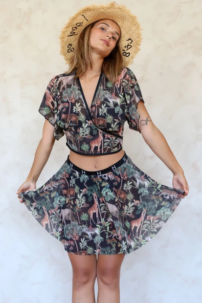 Pareo Etek Yazlık Plaj Deniz Eteği Beli H Lastikli Şifon Tül Kumaş Woods Siyah STD - Resim 4