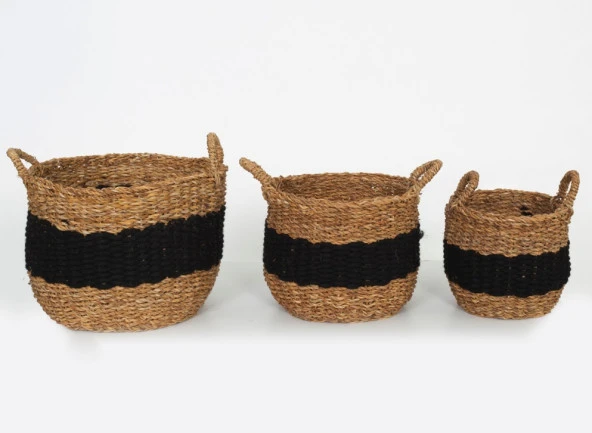 El Dokuma 3’lü Set Hasır Sepet Takımı - Banyo, Mutfak, Oda Organizeri - El Yapımı Dekoratif Sepet