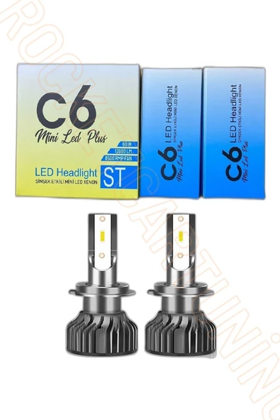 H7 Led Zenon C6 Mini Led Xenon Ampul 12800 Lümen Beyaz Renk 6000 Kelvin Şimşek Etkili