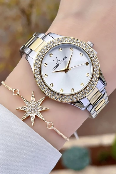 Daniel Klein DKISTE932 Premium Gold Gümüş Renk Taşlı Kadın Kol Saati ve Bileklik - Resim 3