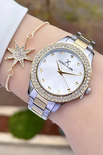 Daniel Klein DKISTE932 Premium Gold Gümüş Renk Taşlı Kadın Kol Saati ve Bileklik - Resim 2