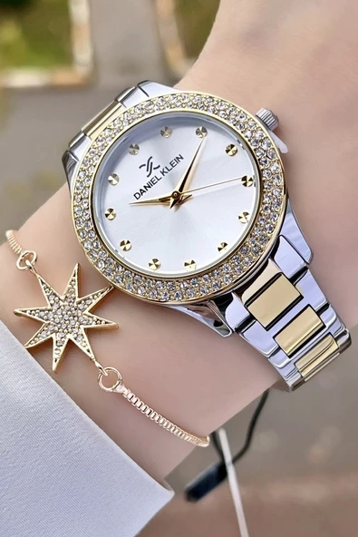 Daniel Klein DKISTE932 Premium Gold Gümüş Renk Taşlı Kadın Kol Saati ve Bileklik ürün görseli 1