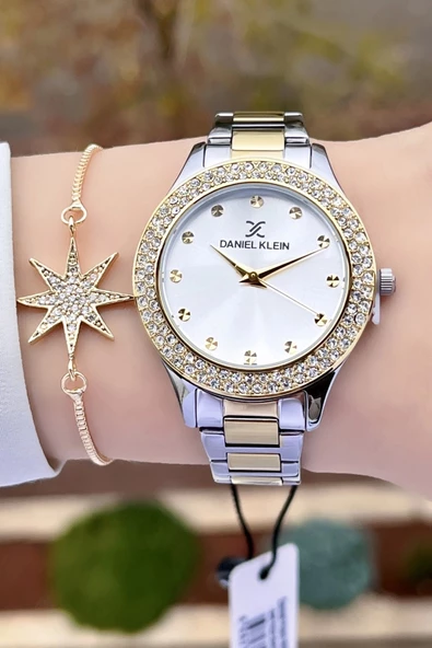 Daniel Klein DKISTE932 Premium Gold Gümüş Renk Taşlı Kadın Kol Saati ve Bileklik - Resim 4