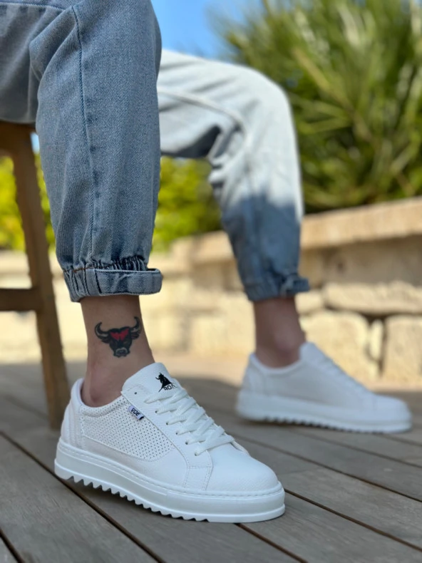 BA0323 BOA Kalın Tırtık Yüksek Taban Beyaz Bağcıklı Spor Erkek Ayakkabı - Resim 3