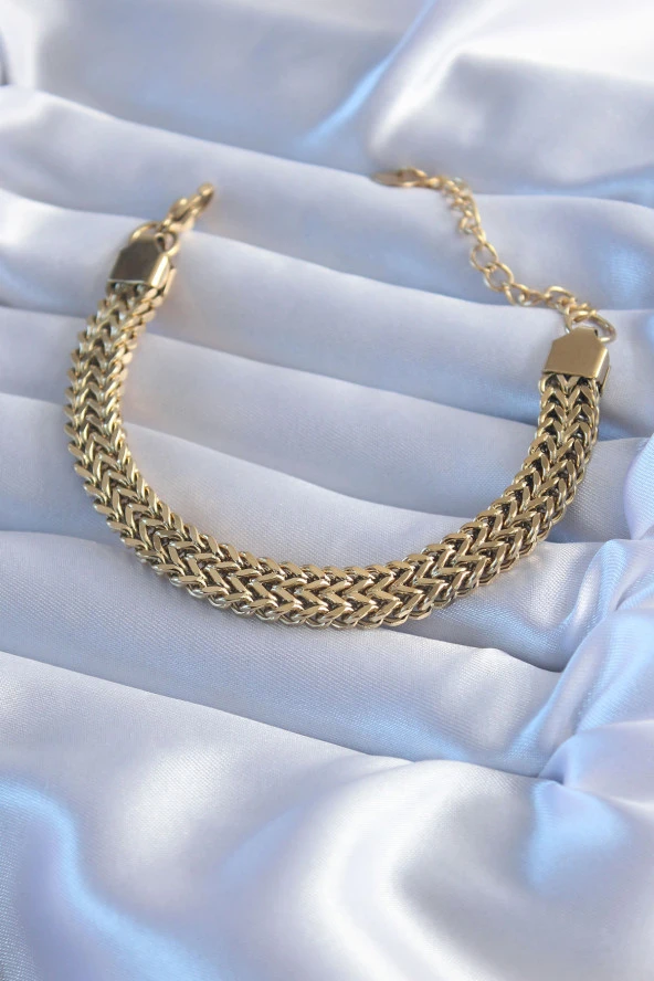 316L Çelik Gold Renk Hasır Model Zincir Model Kadın Bileklik ürün görseli