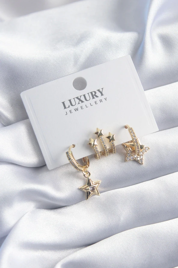 Pirinç Gold Renk Zirkon Taşlı Yıldız Model 3lü Kadın Küpe Seti ürün görseli