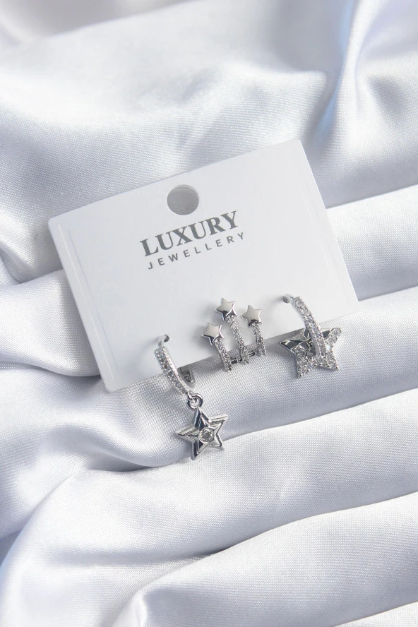 Pirinç Gümüş Renk Zirkon Taşlı Yıldız Model 3lü Kadın Küpe Seti ürün görseli