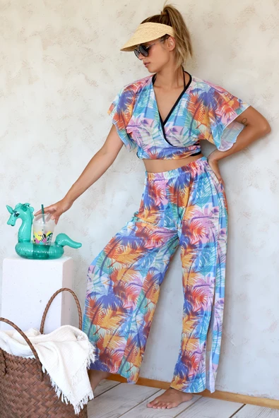 Plaj Pantalon Pareo Yazlık Kapalı Yırtmaçlı Lastikli Şifon Tül Kumaş Yüksek Bel Coconut Renkli - 4