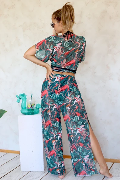 Plaj Pantalon Pareo Yazlık Kapalı Yırtmaçlı Lastikli Şifon Tül Kumaş Yüksek Bel Flower Yeşil - 3