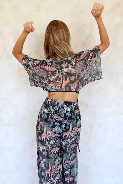 Plaj Pantalon Pareo Yazlık Kapalı Yırtmaçlı Lastikli Şifon Tül Kumaş Yüksek Bel Woods Siyah - 3