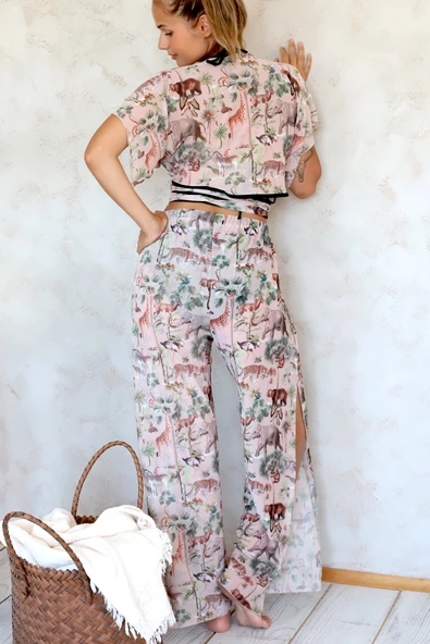 Plaj Pantalon Pareo Yazlık Kapalı Yırtmaçlı Lastikli Şifon Tül Kumaş Yüksek Bel Woods Bej - 3