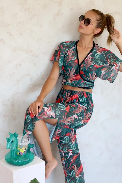 Plaj Pantalon Pareo Yazlık Kapalı Yırtmaçlı Lastikli Şifon Tül Kumaş Yüksek Bel Flower Yeşil - 4