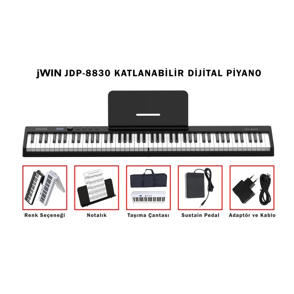 Jwin JDP-8830 Katlanabilir Bluetooth + Şarjlı Piyano - Siyah