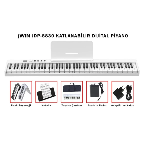 Jwin JDP-8830 Katlanabilir Bluetooth + Şarjlı Piyano - Beyaz
