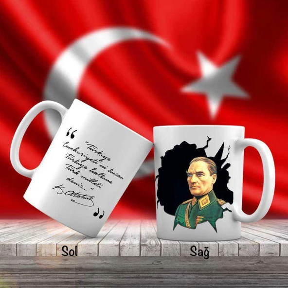 Mavi Gözlü Üniformalı Mustafa Kemal Atatürk Portre - Atatürk'ün Sözleri -Kupa Bardak
