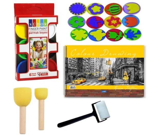 Südor 6x30 ml Parmak Boyası, Resim Defteri, 6 Adet Eva Baskı, Ponpon Fırça, Sünger Rulo Fırça ürün görseli 1