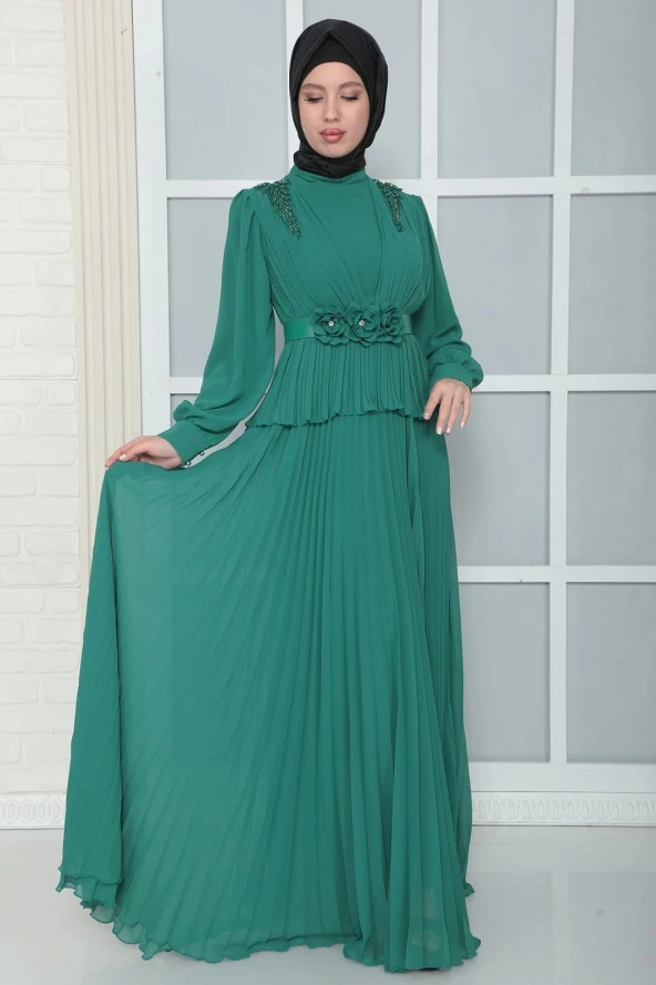 Omuz Ve Kemer Detaylı Pliseli Tesettür Abiye Elbise 816-Yeşil - Resim 2