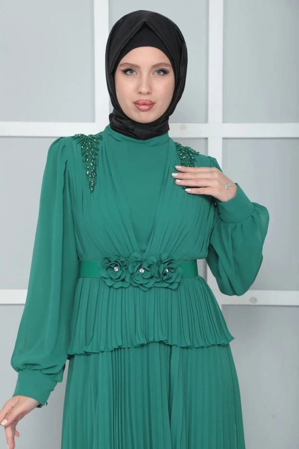 Omuz Ve Kemer Detaylı Pliseli Tesettür Abiye Elbise 816-Yeşil - Resim 3