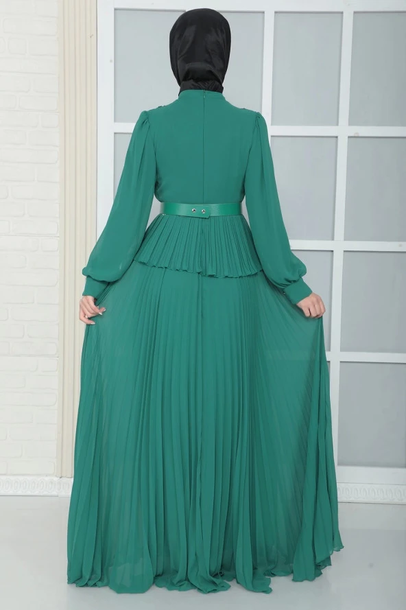 Omuz Ve Kemer Detaylı Pliseli Tesettür Abiye Elbise 816-Yeşil - Resim 4