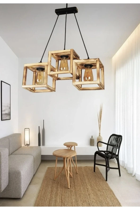 Cube 3’lü Ahşap Sarkıt Avize Salon,oturma Odası,mutfak ,hol,yatak Odası,vb…