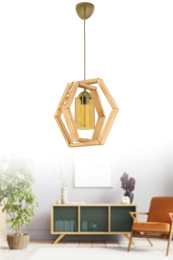 Bee Ahşap Tekli Sarkıt Avize Natural Gold Duy - 1