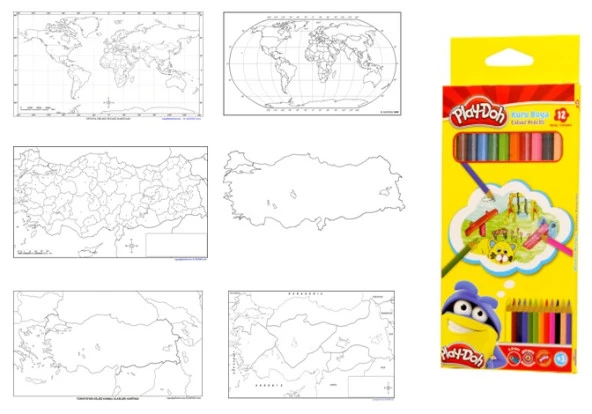 dilsiz dünya ve dilsiz türkiye haritası boyama seti a3 boy +kuru boya