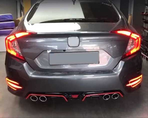 Honda Civic Uyumlu Fc5 2016-2020 Difüzör 4 Egzoz Piano Black Kırmızı Şeritli - 4