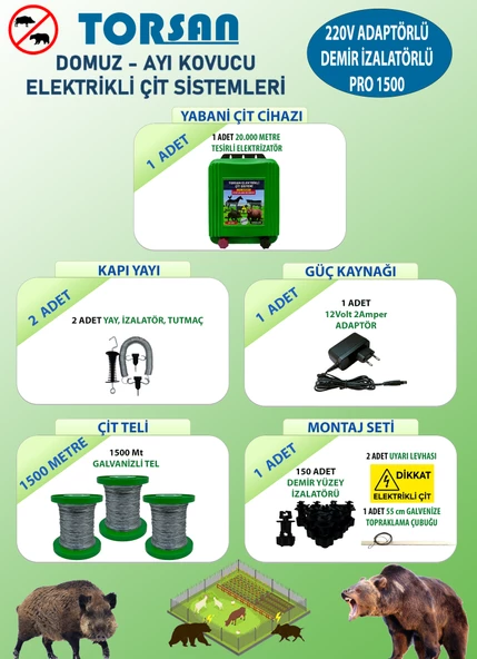 TORSAN 220V ADAPTÖRLÜ PRO PLUS 1500 Elektrikli Çit Sistemi ( Domuz - Ayı Kovucu ) 1500MT