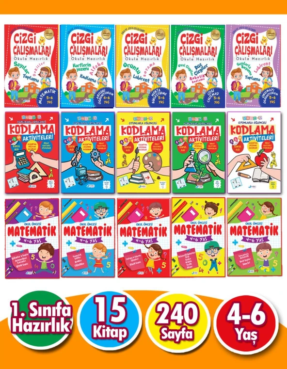 4 - 6 Yaş Matematik Kodlama ve Çizgi Çalışmaları Seti 15 Kitap
