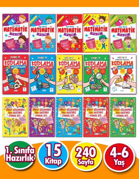 4 - 6 Yaş Matematik, Kodlama ve Dikkat ve Zeka Geliştirici Etkinlik Seti 15 Kitap