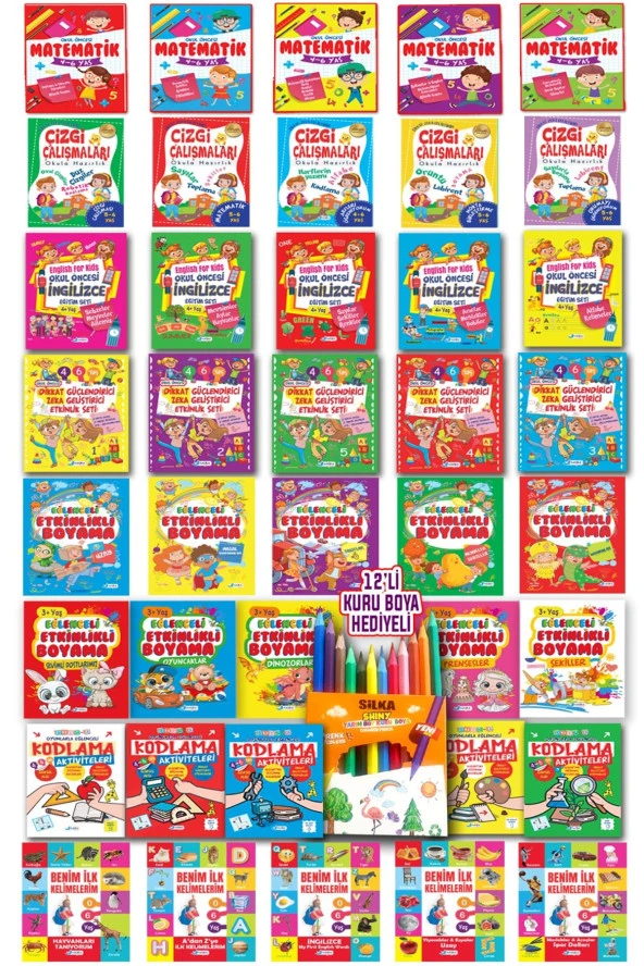 3 - 6 Yaş 40 Kitaplı Okul Öncesi Eğitim Seti 12 adet Kuru Boya Hediyeli - 2
