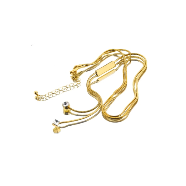 Altın Renk Üçlü Takı Set1  (Parlak Taşlı Kolye 42cm,6'lı Eklem Yüzük Set,Metal Halka Küpe 3,5cm) - 4