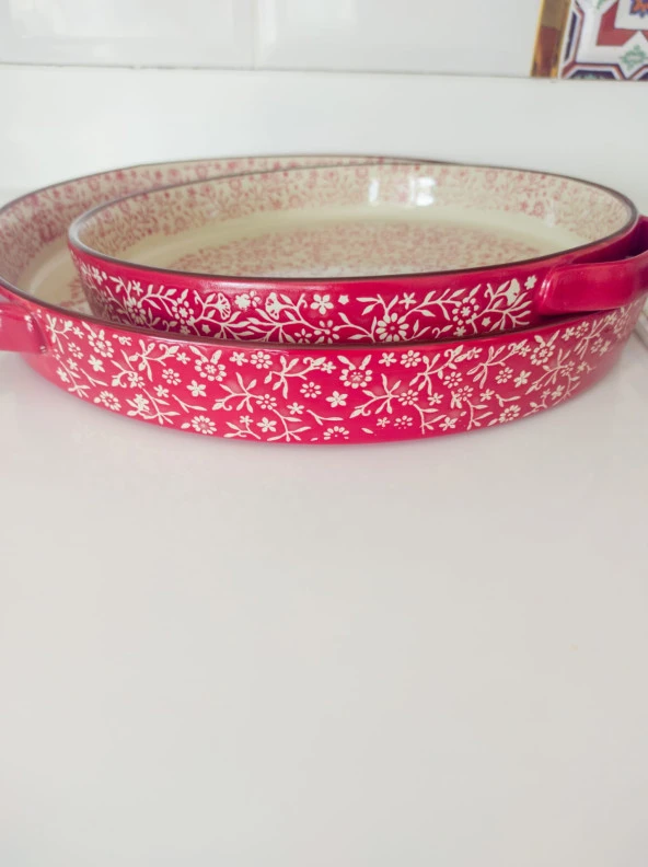 Stonware Kırmızı Yuvarlak 2li Fırın Kabı Fırın Tepsisi Büyük 38-30 Cm - 2