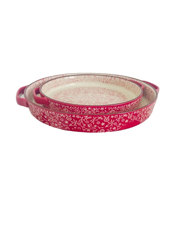 Stonware Kırmızı Yuvarlak 2li Fırın Kabı Fırın Tepsisi Büyük 38-30 Cm - 3