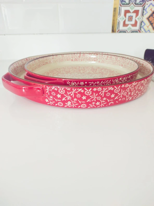 Stonware Kırmızı Yuvarlak 2li Fırın Kabı Fırın Tepsisi Büyük 38-30 Cm - 8