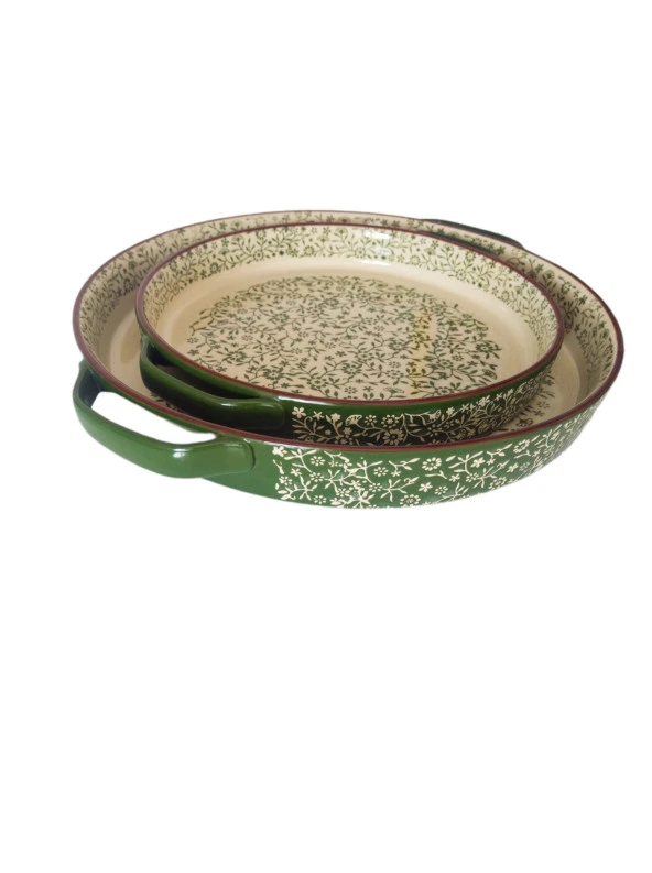 Stonware Yeşil Yuvarlak 2li Fırın Kabı Fırın Tepsisi Büyük 38-30 Cm - 2