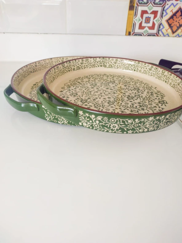 Stonware Yeşil Yuvarlak 2li Fırın Kabı Fırın Tepsisi Büyük 38-30 Cm - 3