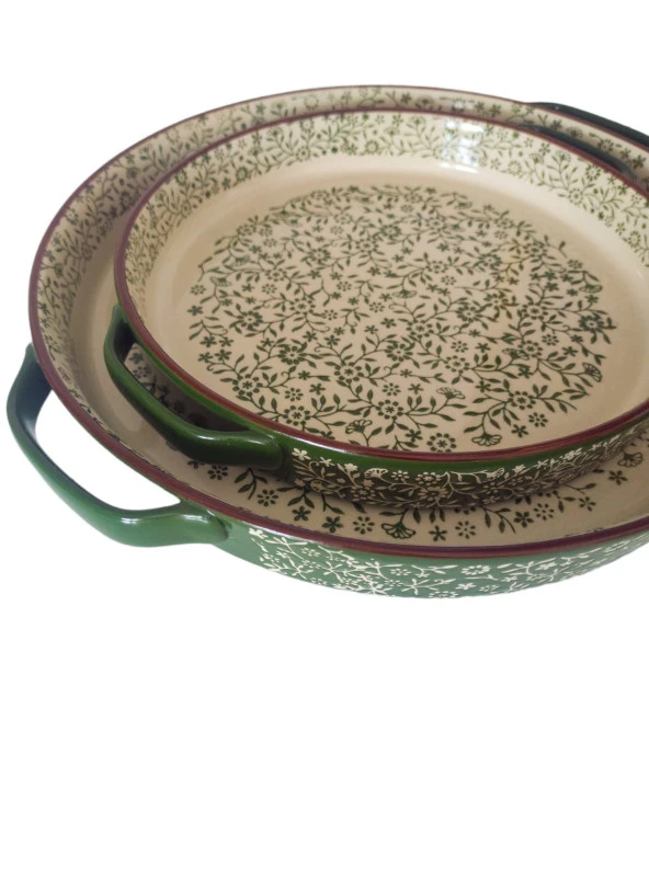 Stonware Yeşil Yuvarlak 2li Fırın Kabı Fırın Tepsisi Büyük 38-30 Cm - 4