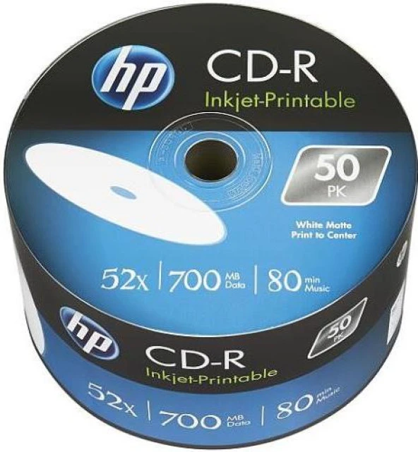 HP CD-R 52X Inkjet Printable 700Mb 80Dk 50'Li Spindle