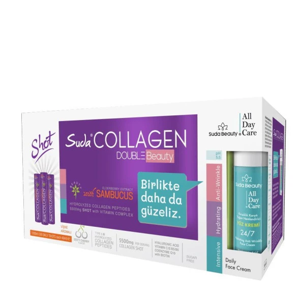 Suda Collagen Double Beauty (30 Şase Vişne Kolajen & Suda Beauty All Day Care Yüz Kremi 50ml)