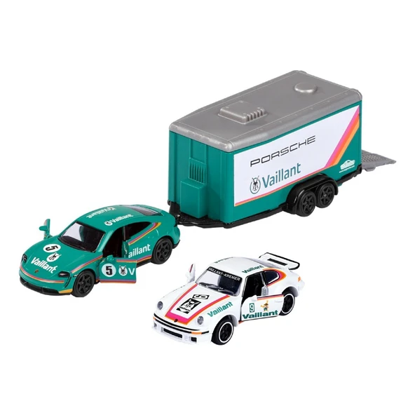 Majorette Race Trailer Porsche Taycan Turbo S & 934