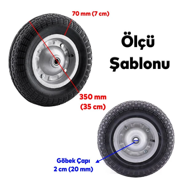 El Arabası Yük Taşıma Tekeri Siboplu Bilyeli Rulmanlı Havalı Dublex 350x70 mm Çelik Jant Tekerlek - 2