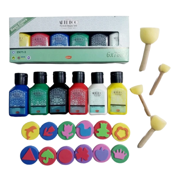çocuklar için 6x75 ml  artdeco Parmak Boyası Ponpon fırçalı sünger baskılı set  kalıplı set 22 parça ürün görseli 1
